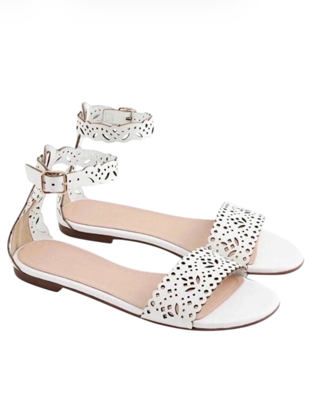 J Crew Leather Ankle Strap Sandals NWOT White Eyelet Flats 8